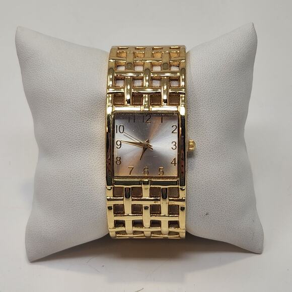 Fashion Jewelry Accessories - Basket Weave Gold Tone Cuff Bracelet Wristwatch Watch Adjustable Workwear Casual